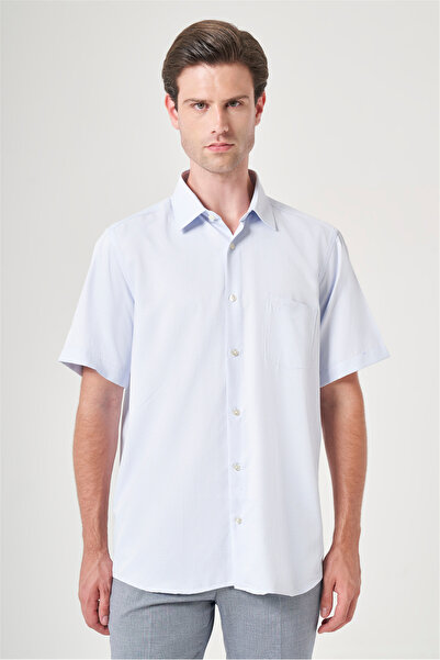 İmza White-Blue Hard Collar Short Sleeve Pocket Comfort Fit Cotton Shirt 1004...