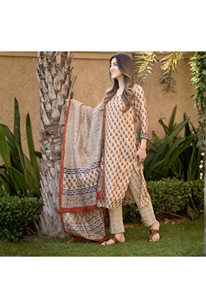 MYSMAR Beige Viscose Rayon Kurta Pant Dupatta Set - VRN1006-Beige-Size-M-38-I...