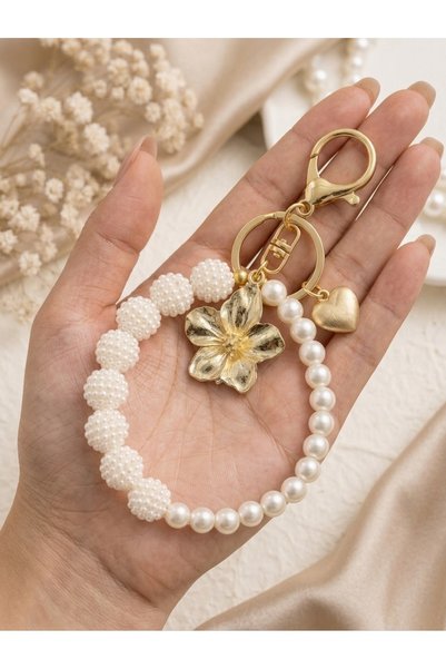 EKİDORA Gold Floral Pearl Blackberry Bag Charm Keychain Bead Detailed Women's Bag Ornament Steel Jewelry