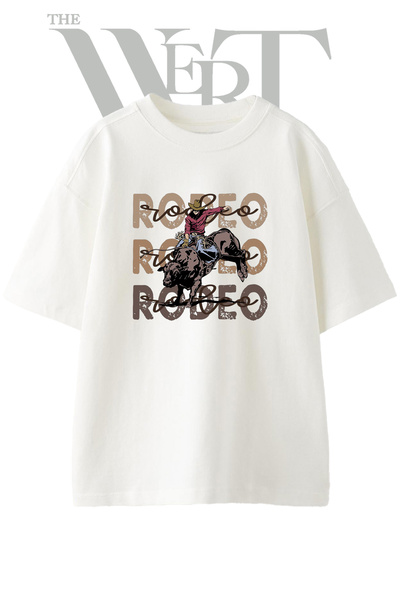 THEWERT تي شيرت أبيض كبير الحجم مطبوع بتصميم Rodeo Bull للجنسين