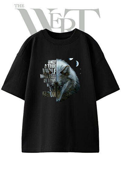 THEWERT Wolf Moon Design Printed Unisex Black Oversize T-Shirt