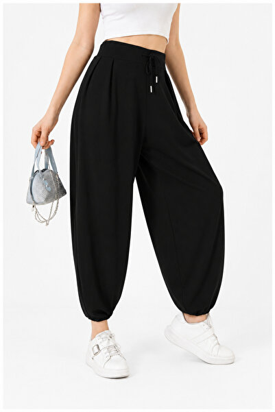 SHAYI Black Shalwar Trousers with Elastic Waist and Laces, Comfortable Fit, D...