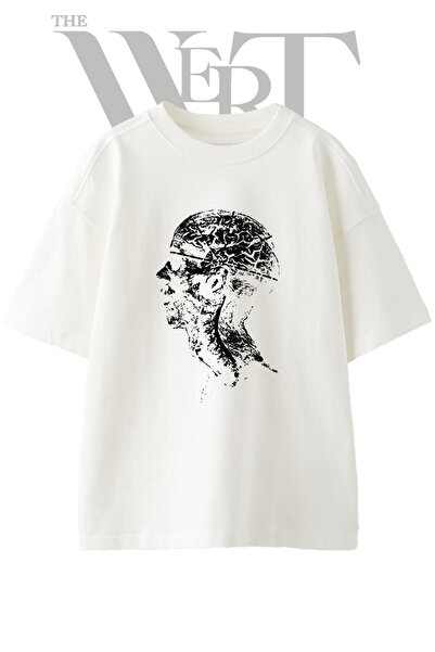 THEWERT Tricou oversize alb unisex cu imprimeu Brain Profile Design