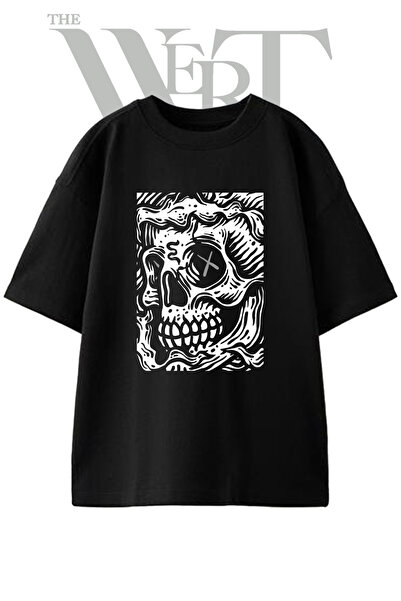 THEWERT Tricou oversize negru unisex cu imprimeu KAWS Skull Design