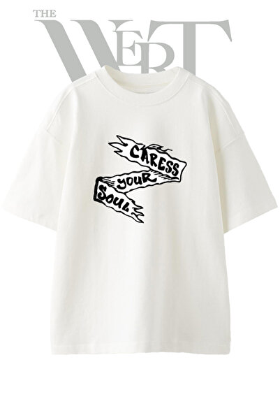 THEWERT Caress Your Soul Design Printed Unisex White Oversize T-Shirt