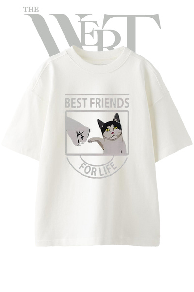 THEWERT Μπλουζάκι Unisex με στάμπα Best Friends Cat Design, λευκό, oversized