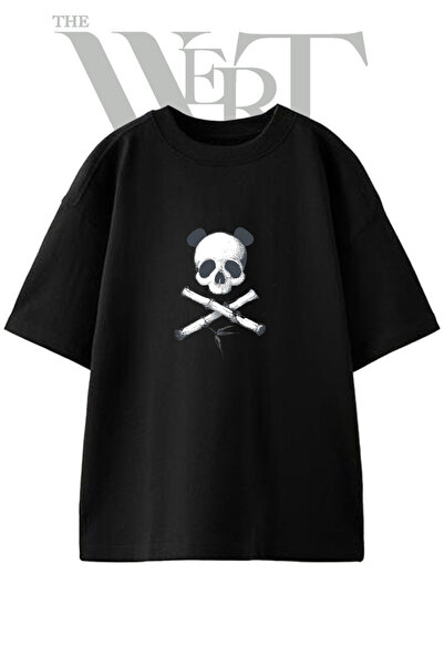 THEWERT Tricou oversize negru unisex cu imprimeu Panda Skull Design