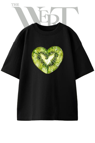 THEWERT Tricou oversize negru unisex cu imprimeu Kiwi Heart Design
