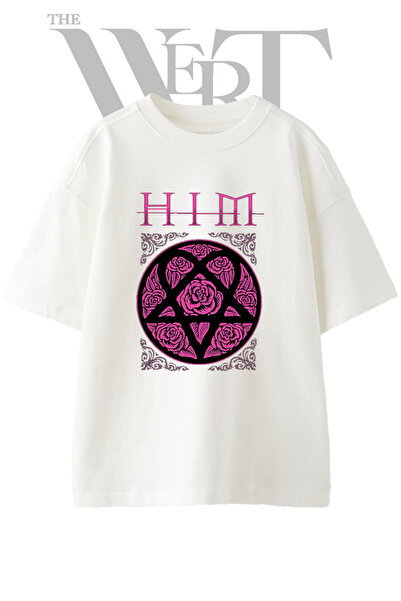 THEWERT HIM ruže pentagram dizajn štampana unisex bela majica prevelikog kroja