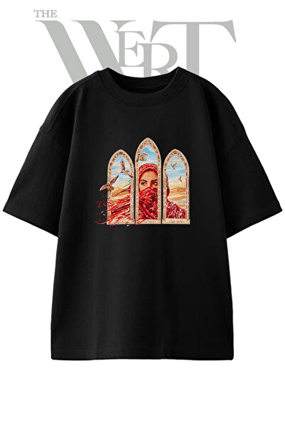 THEWERT Γυναικείο μπλουζάκι με στάμπα Red Pusulu, Unisex, μαύρο, oversized