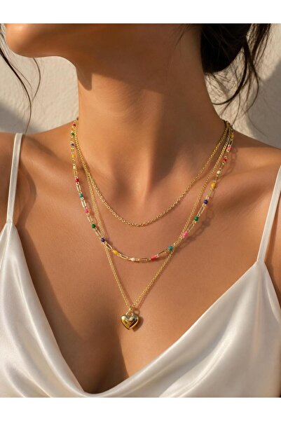 ELİSA ACCESSORİES Kadın Gold Renk Paslanmaz Çelik Renkli Boncuklu Kalp Kolye ...