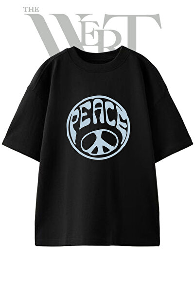 THEWERT Peace Symbol Design Printed Unisex Black Oversize T-Shirt