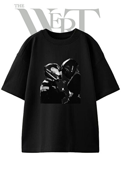THEWERT Motorcu Cift 3 Design Printed Unisex Black Oversize T-Shirt