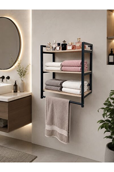 BRTWOODS Metal Ahşap Banyo Rafı Havluluk | 3 Katlı Duvara Monte Banyo Organiz...