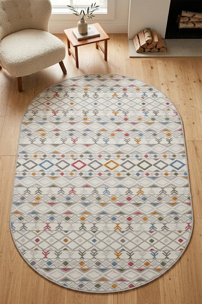 Raschel Carpet Oval Renkli Kilim Modern Yıkanabilir Kaymaz Taban Yıkanabilir ...