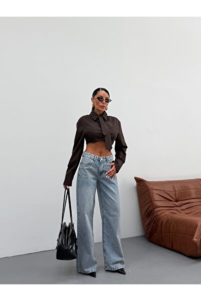 KENE JEANS بنطلون جينز/دينيم واسع الساق بتصميم كامل مسبق الصنع بلون موحد