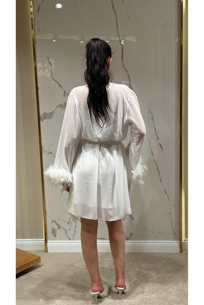 DAWN LİNE 2 Piece Cross Strap Mini Nightgown and Robe Set |   Otriş Feathered Sleeves Robe Set, Dowry Set, 2-Piece Premium Set with Collar