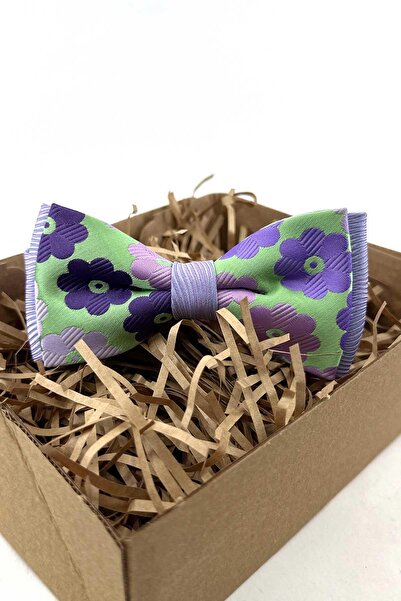 Kravatkolik Green Purple Floral Pattern Silk Bow Tie Sb262
