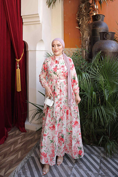 İmajButik Pomegranate Flower Half Buttoned Sleeves Elastic Skirt Layered Dress