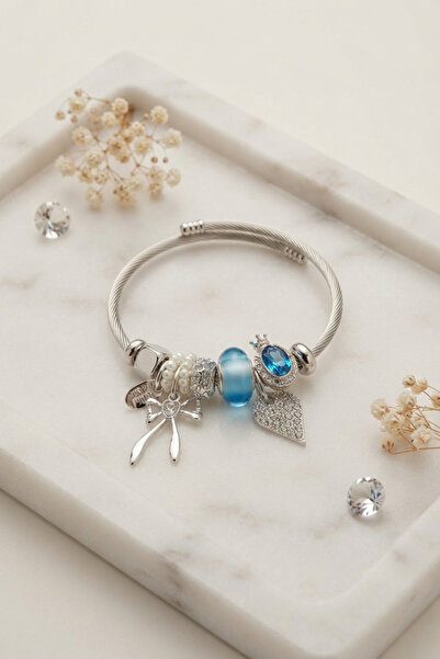 Generic Brand Silver Color Bracelet with Bow and Heart Blue Charms