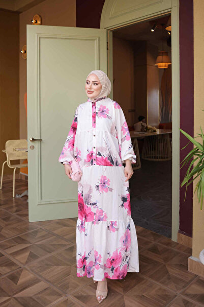 İmajButik Ροζ φόρεμα βισκόζης με μισά μανίκια με κουμπιά και ελαστική φούστα ...