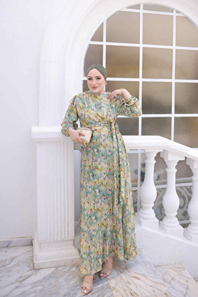 İmajButik Πράσινο και κίτρινο φόρεμα με ελαστικά μανίκια και λεπτομέρεια με α...