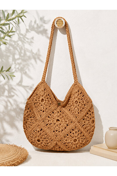 Verda Desing Hand Knitted Motif Straw Color Bag - Natural Paper Rope Design W...
