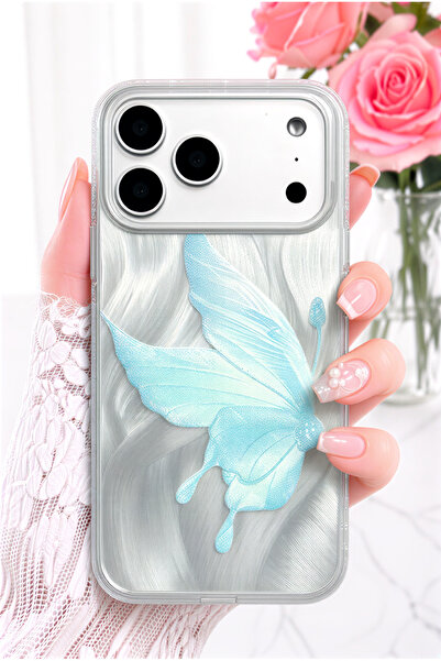 Fibaks iPhone 17 Pro Max Kılıf Parlak Hologram Kelebek Desenli Şeffaf Silikon...