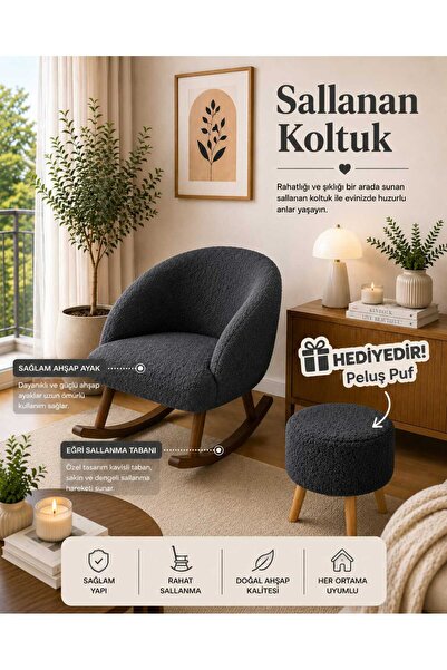 DEKOZUM LAVİN Sallanan Koltuk Berjer Koltuk Teddy Kumaş Ahşap Ayaklı PUF HEDİ...