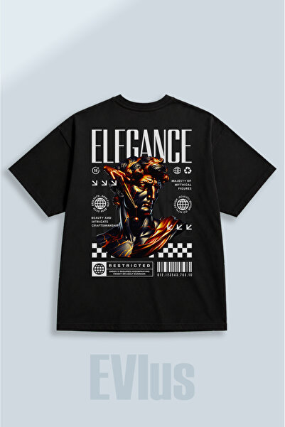 EVIus Tricou negru oversize, cu imprimeu Elegance, 100% bumbac, cu decolteu t...