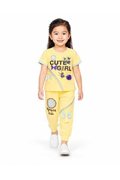Generic Brand Girls' Set with Half Sleeve T-Shirt and Long Pants with Bow Detail