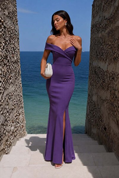 Modafeminen Lilac Glittery Boat Neck Slit Fish Model Evening Dress 582013