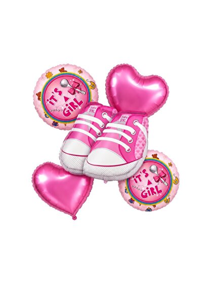 Patladı Gitti 5-Piece Baby Girl Shoe Foil Balloon Set - Pink Heart Baby Girl ...