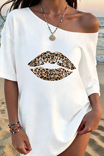 OVER HEAD Tricou de damă, 100% bumbac, cu imprimeu leopard, cu gât barcă și u...
