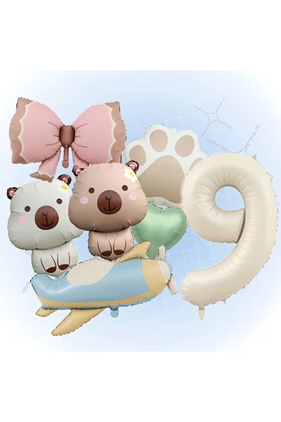 ÇITIPITISTORE Capybara Airplane Paw Bow Foil Balloon Set Party Age Celebratio...