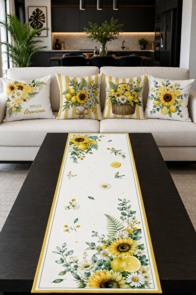 HOMESSA Yellow Lemon and Sunflower Runner and Set of 4 Throw Pillow Covers He...