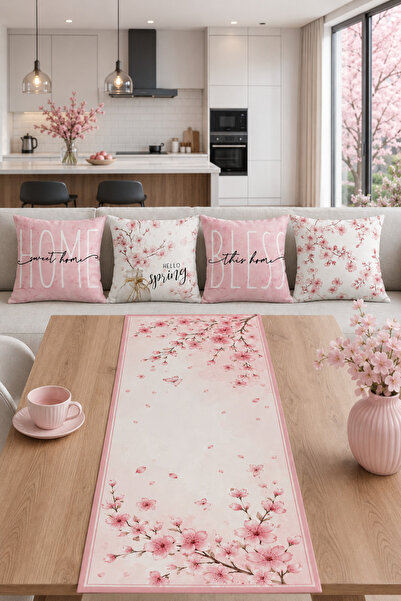 HOMESSA Pink Sakura Floral Runner and Set of 4 Decorative Throw Pillow Covers