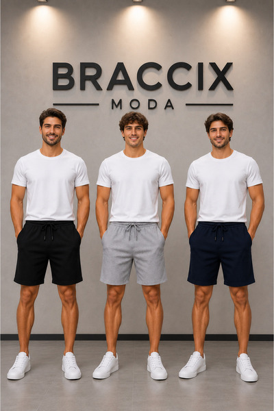 BRACCİX Erkek 3'lü Günlük Şort Seti Siyah Gri Lacivert Cepli Rahat Kesim Diz ...