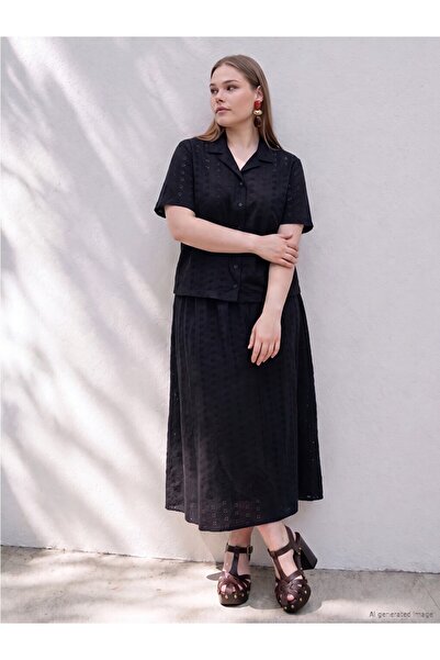 LC Waikiki Black Plus Size Brode Skirt with Elastic Waist