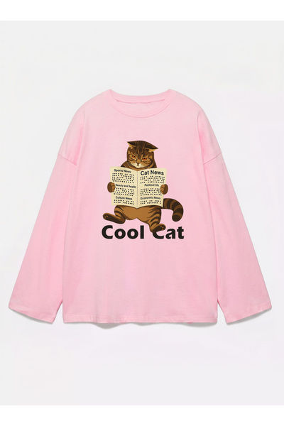 Disante 100% قطن مقاس كبير مطبوع عليه Cool Cat - تي شيرت بأكمام طويلة وياقة د...