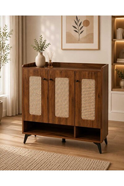 TrentonGCC Rattan Front Wooden Shoe Cabinet – 3 Door Storage Unit with Open S...