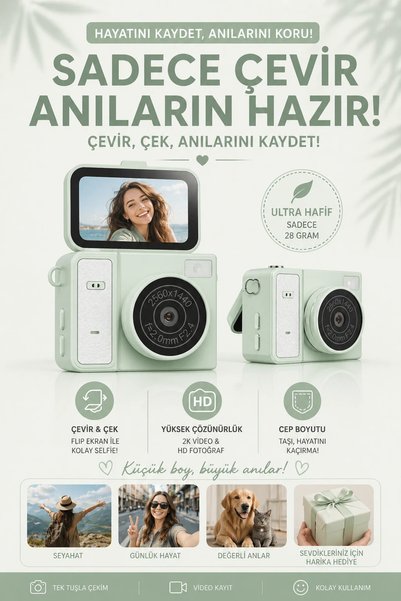 RoseandRoses Mini Dijital Fotoğraf Makinesi Flip Life Video Foto Kamera 2K+48MP Yeşil
