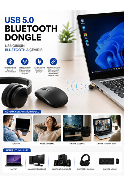 Deppo Trend USB To Bluetooth Adapter Laptop/PC/Oyun Konsolu/Akıllı Televizyon Uyumlu Tak Çalıştır USB Bluetooth Adaptörü