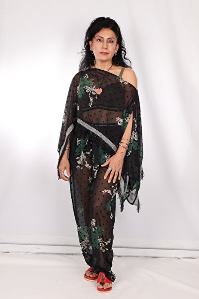 Store Black Green Floral Polka Dot Bohemian Chiffon Beach Top and Bottom Set ...