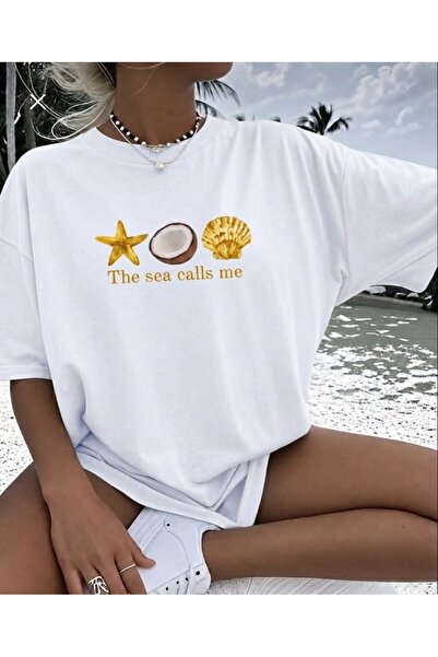 LELVANİ Women's the Sea Calls Me Printed Crew Neck T-Shirt