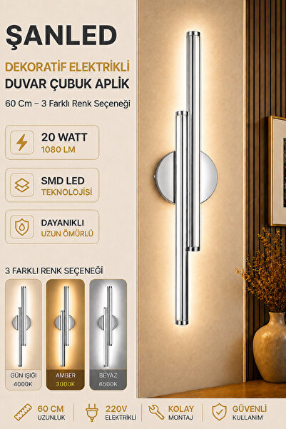 ŞANLED Decorative 20W Indoor Chrome Case 3-Color Light 60 cm Wall Sconce Elec...