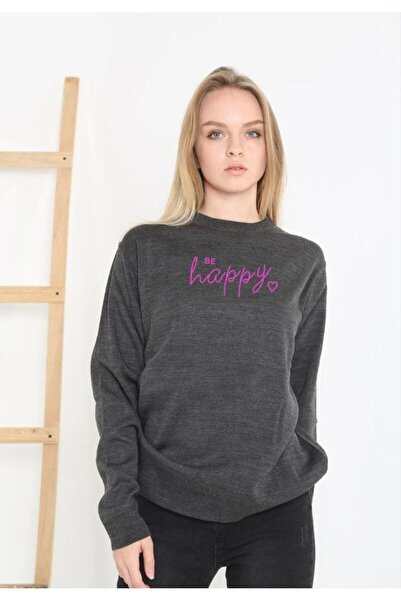 Mariposa Secret Women's Crew Neck Sweater Printed Woven Knitwear - Smoked
