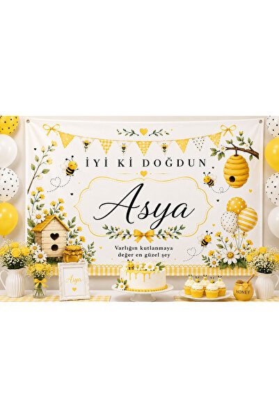 Piloji Kişiye Özel Arı Temalı Doğum Günü Duvar Örtüsü | İsim Yazılı İyi Ki Do...