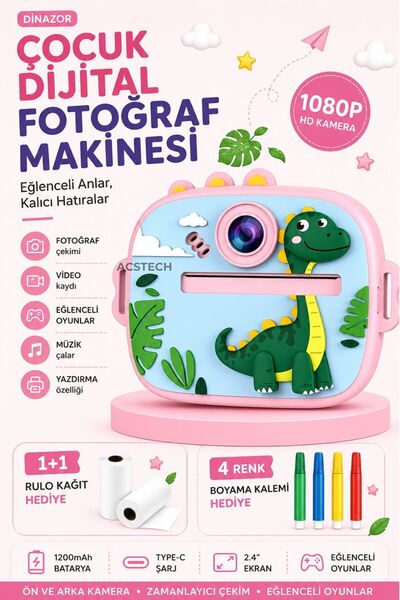 ACSTECH Fotoğraf Çıkaran Çocuk Dijital Fotoğraf Makinesi | Dinazor Tasarımlı ...