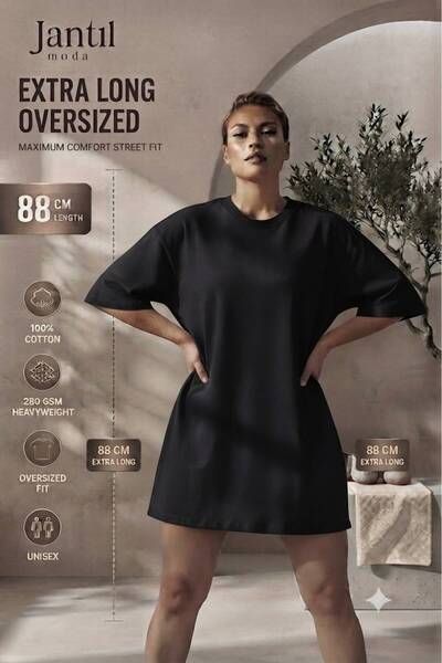 JANTIL MODA Women's Oversize Cut Printed Long Tunic T-Shirt - Crew Neck